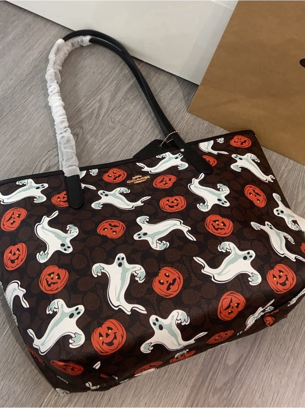 Coach Brown Tote with White Ghosts and Orange Pumpkins - Picture 2 of 8